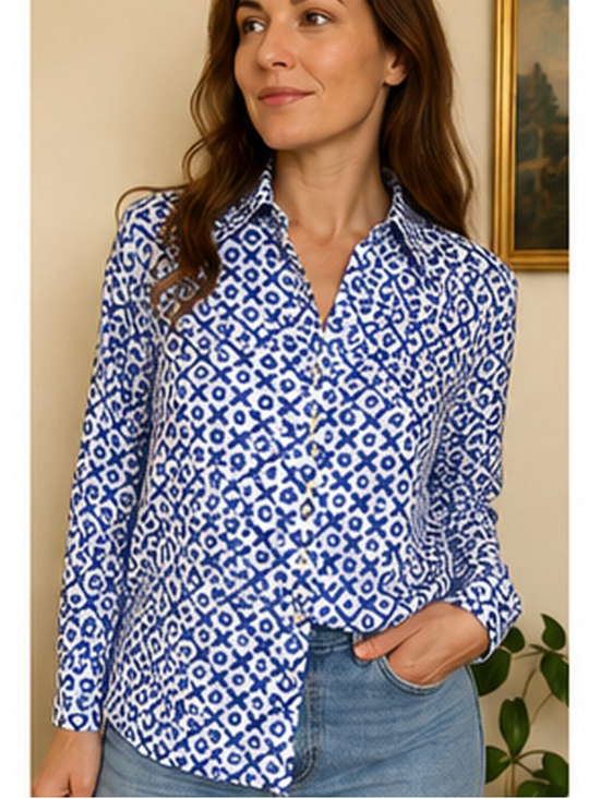 take #1 Tops - Vintage Take #1 Blouse Sz 36 Blue White Floral Mod Korea Long Sleeve Shirt